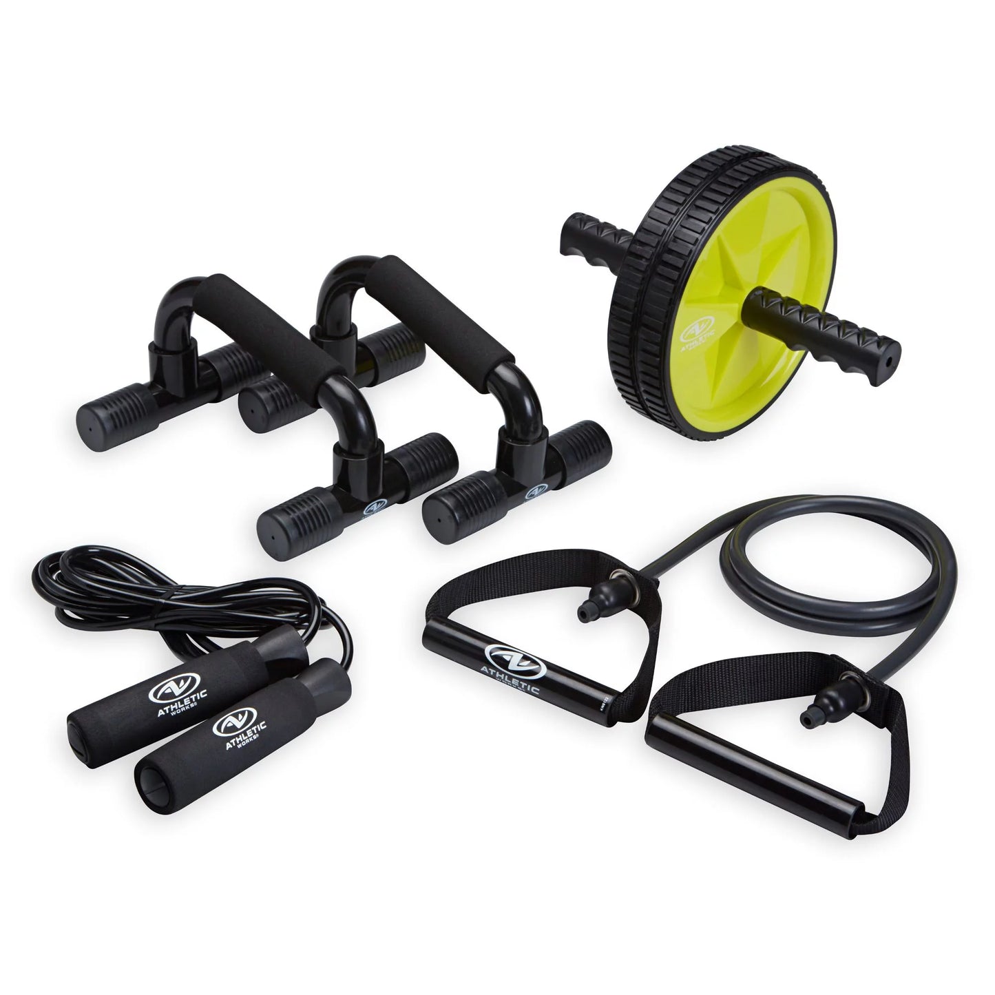 Ultimate Home Gym Kit: Resistance Tube, Ab Wheel, Jump Rope & Push-Up Bars for Total Body Fitness